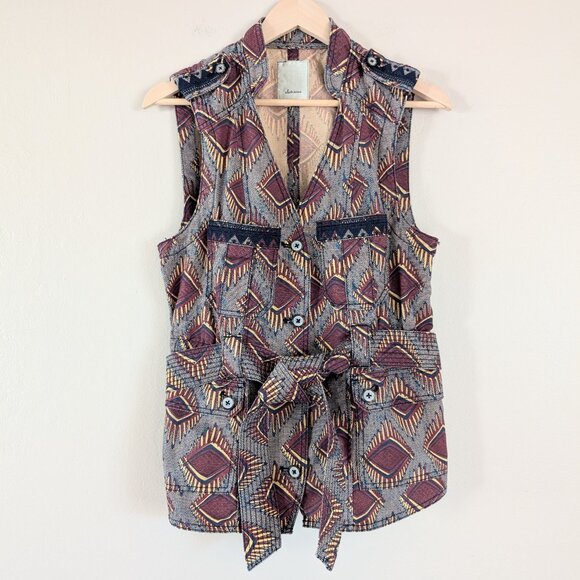 Anthropologie Elevenses Geo Print Safari Vest with Belt - Diamond Motif‎ - M - Picture 1 of 15